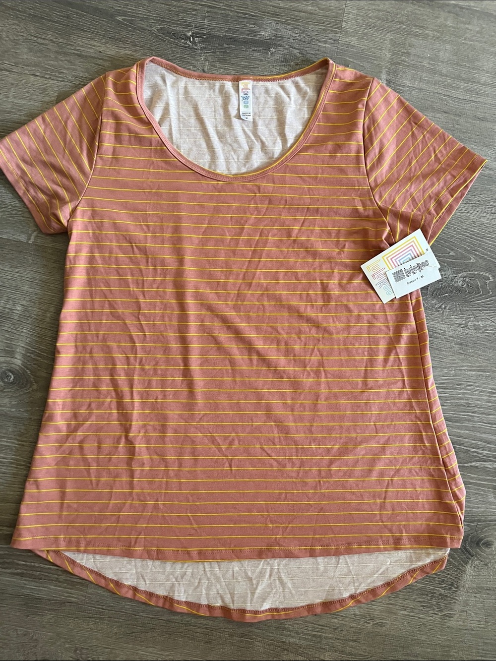 LuLaRoe Rose Pink and Yellow Striped Short Sleeve Tee